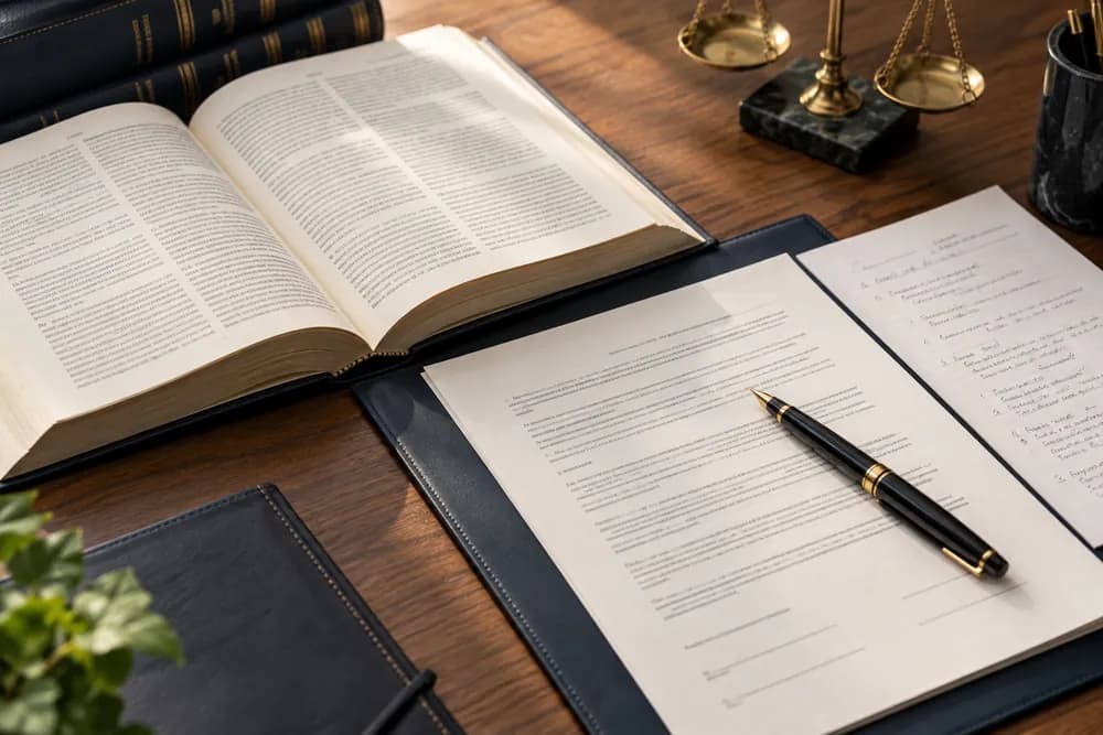 Contrato sobre uma pasta, livro aberto e caneta em uma mesa de análise jurídica.