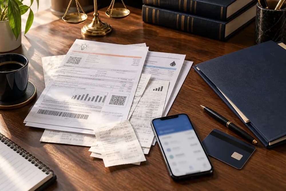 Faturas, recibos, cartão e celular sobre uma mesa, ilustrando registros de consumo.