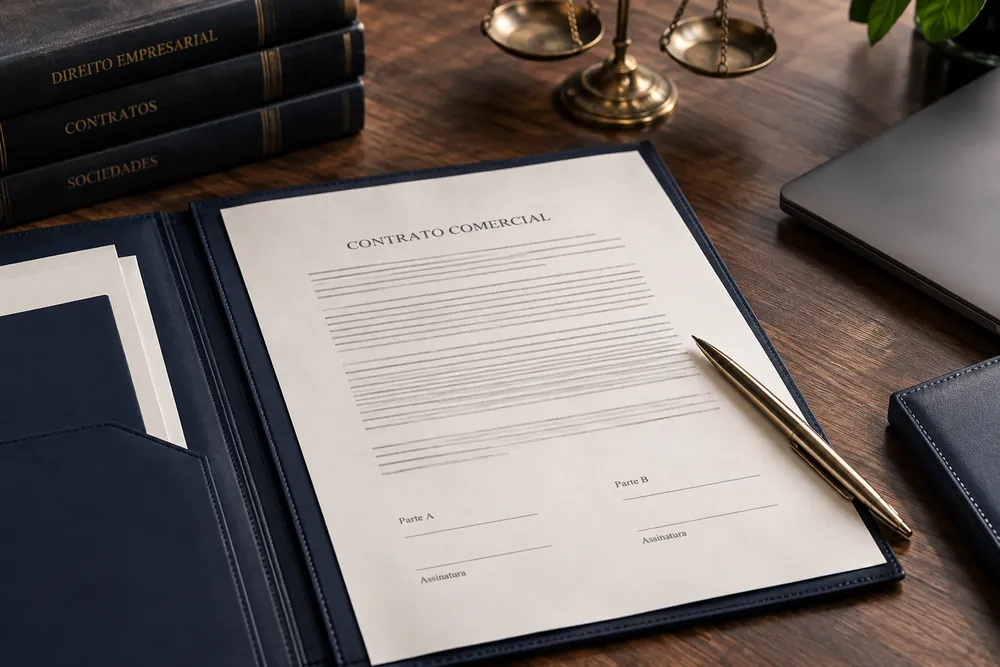 Documentos e objetos que ilustram Direito Empresarial.