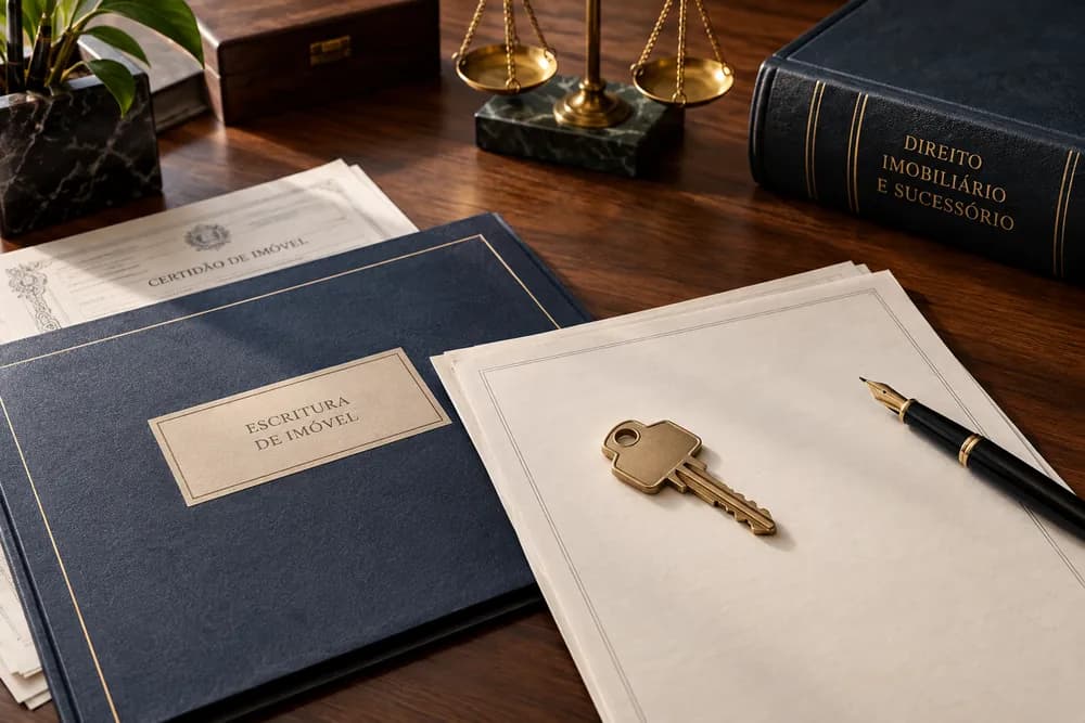 Chave sobre documentos ao lado de uma pasta de escritura de imóvel, sem pessoas.