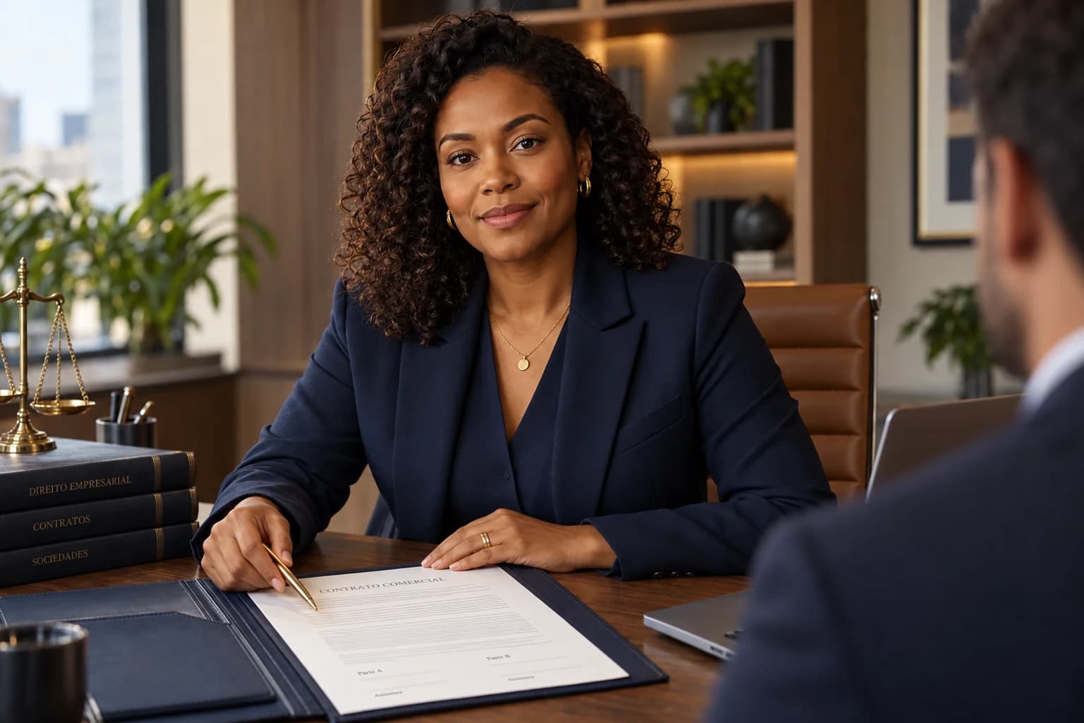 Íris em uma cena de atendimento sobre Direito Empresarial.