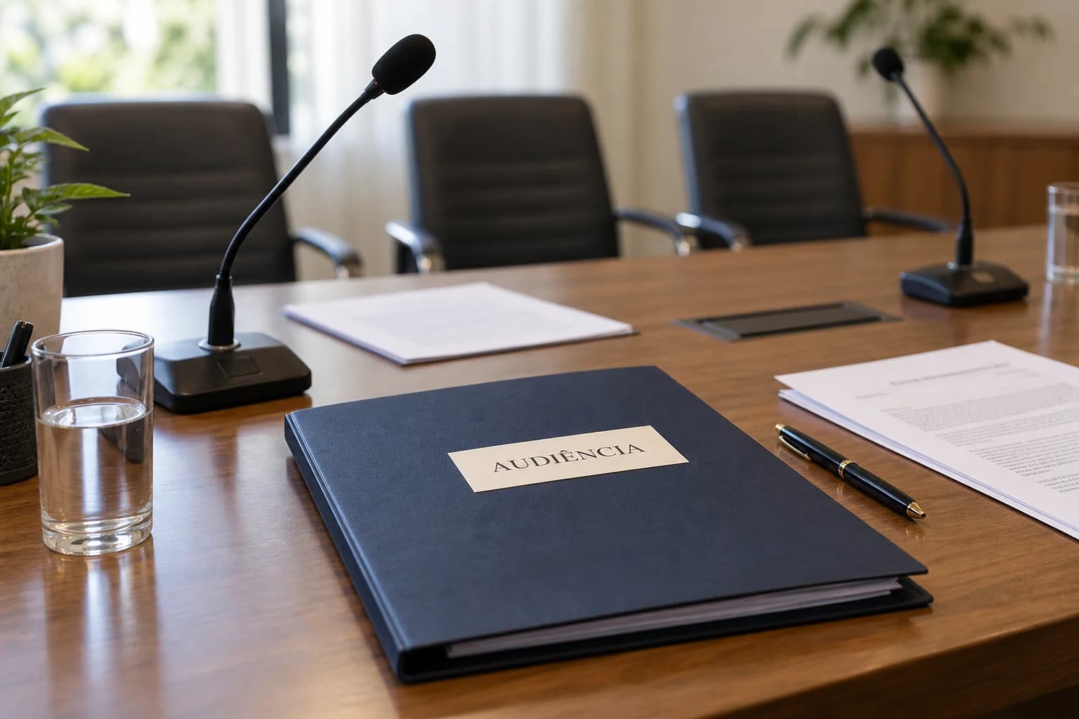 Mesa preparada para audiência preliminar, com pasta de documentos e microfones, sem pessoas.