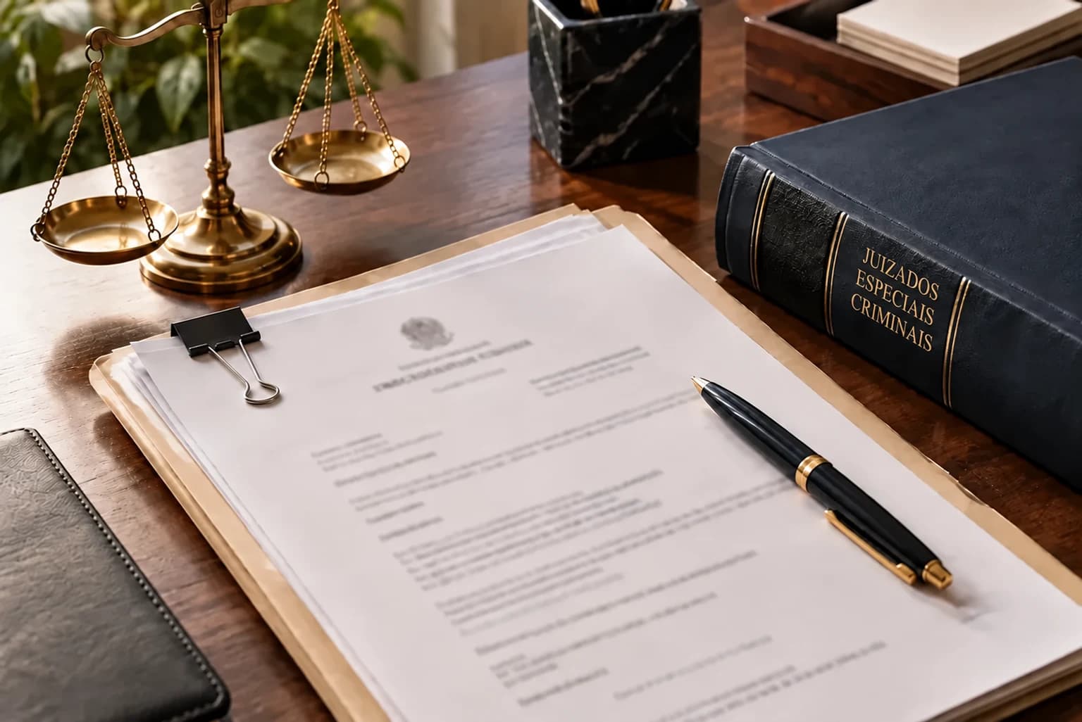 Documentos de um procedimento e livro dos Juizados Especiais Criminais sobre uma mesa, sem pessoas.